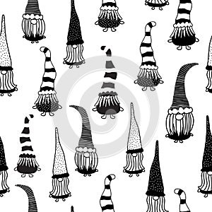 Christmas gnomes seamless vector pattern. Hand drawn illustration of gnomes black on white repeating horizontal background.