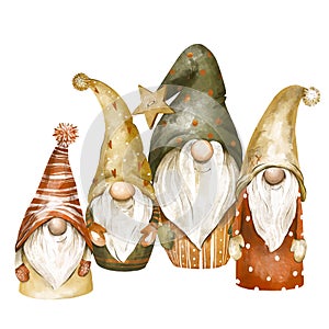 Christmas gnomes vintage illustration. Nordic gnomes greeting card photo