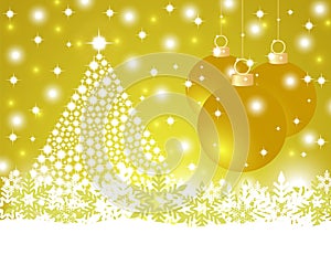 Christmas gold background with shiny Christmas tree and balls