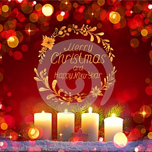 Four burning Advent candles and decoration. . Christmas background.