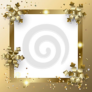 Christmas gold frame with confetti and golden foil snowflakes New Year Greeting card template vector place for text