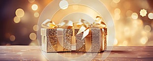 Christmas gold gift boxes with golden ribbon, copy space