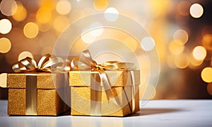 Christmas gold gift boxes with golden ribbon, copy space