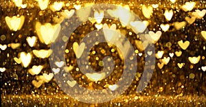 Christmas Gold glowing Background. Golden Holiday Abstract Glitter Defocused Backdrop With Blinking Stars and hearts