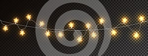 Christmas gold lights on transparent long banner. Glowing golden garland lights. Led neon lamp. Bright decoration for
