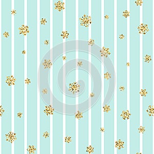 Christmas gold snowflake seamless pattern. Golden glitter snowflakes on blue white lines background. Winter snow texture