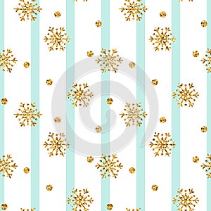 Christmas gold snowflake seamless pattern. Golden glitter snowflakes on blue white lines background. Winter snow texture