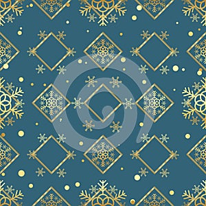Christmas gold snowflake seamless pattern. Golden snowflakes on blue rhombus background. Winter snow texture wallpaper. Symbol hol
