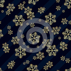 Christmas gold snowflake seamless pattern. Golden snowflakes on blue and white diagonal lines background. Winter snow texture