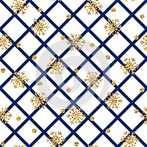 Christmas gold snowflake seamless pattern. Golden snowflakes on blue and white rhombus background. Winter snow texture