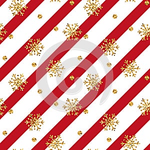 Christmas gold snowflake seamless pattern. Golden snowflakes on red and white diagonal lines background. Winter snow