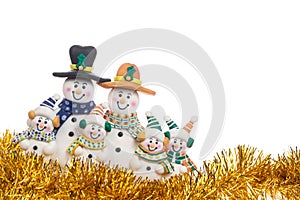 Christmas gold spangle with snowman family decoration isolated on white