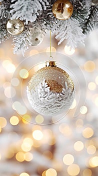 Christmas golden ball with white decor hanging on the Christmas tree with bokeh lights background