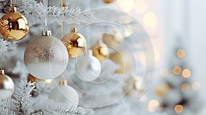 Christmas golden ball with white decor hanging on the Christmas tree with bokeh lights background