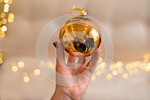 A Christmas golden ball in a woman`s hand with a reflection of a family of four.