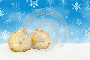 Christmas golden balls baubles background copyspace copy space card decoration winter snow snowflakes