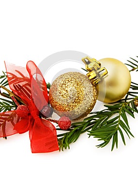 Christmas golden baubles and ribbons