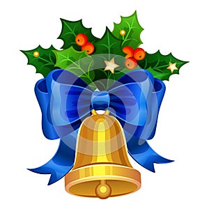 Christmas golden bell with blue bow and Holly berries. Vector