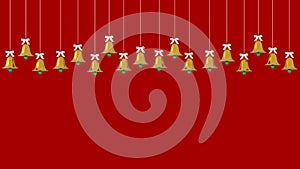 Christmas golden bells ornaments hanging on red background. picture copy space for art work design ad or add text message. Holiday