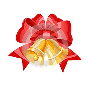 Christmas golden bells red ribbon bow vector illustration