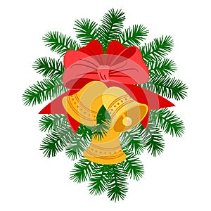 Christmas golden bells red ribbon bow vector illustration