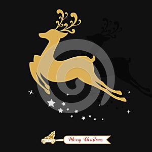 Christmas golden decoration. Gold reindeer silhouette in black background