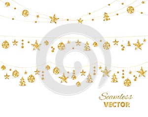 Christmas golden decoration isolated on white background. Holiday vector frame, border.