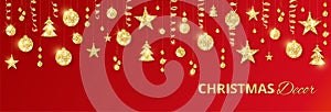 Christmas golden decoration on red background. Holiday vector frame, border.