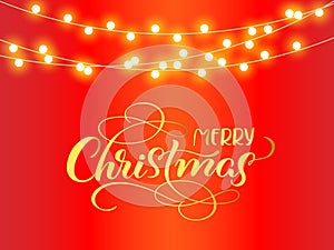 Christmas golden decoration on red background. Merry Christmas and text. Hanging glitter garlands stars For party posters, banners
