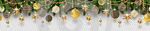 Christmas golden decoration and Christmas tree branches on a checkered background. Can be used on any background. Seamless frieze. photo