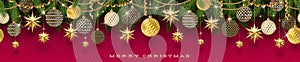 Christmas golden decoration and Christmas tree branches on a red background. Seamless frieze.