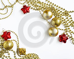 Christmas golden decorations, Holiday background, template for greeting card