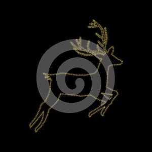 Christmas golden deer decoration of gold glitter shining sparkles on a black transparent background. Vector glittering shine deer