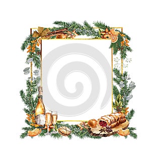 Christmas golden frame with champagne and tangerines, Christmas cake and fir branches, h