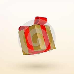 Christmas golden gift box with red ribbon bow. 3D Xmas realistic vector object.