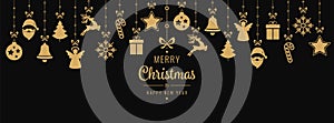 Christmas golden ornament elements hanging black background