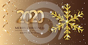 Christmas golden and silver decoration. Happy New Year red background. Silver and golden deer, snowflakes. Template for greeting