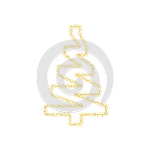 Christmas golden tree decoration of gold glitter shining sparkles on white transparent background. Vector glittering shine tree