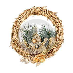 Christmas golden wreath with coniferous branch