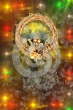 Christmas golden wreath on old abstract background