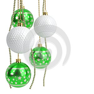 Christmas and golf balls isolated on white. 3D illustration