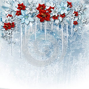 Christmas gorgeous flowers on ice background with icicles. Greet