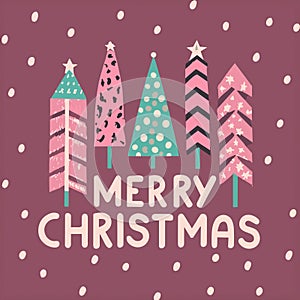 christmas graphics with christmas trees and the inscription merry christmas on a pink background