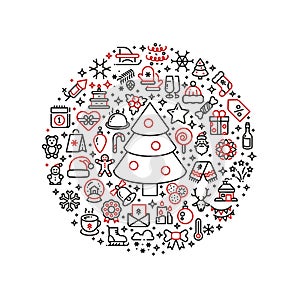 Christmas graphics. Xmas line art icons arranged in ball