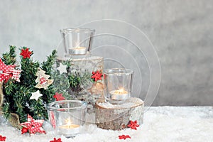 Christmas gray background with candles and tree