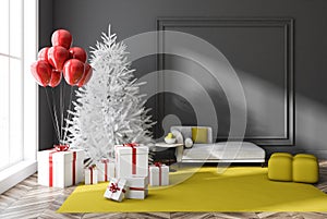 Christmas in gray room interior, tree and gifts,