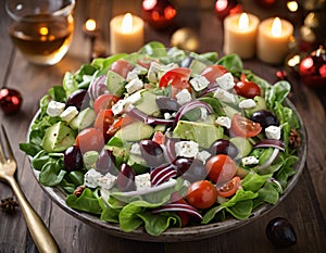 Christmas Greek Salad in a ceramic bowl. Generative AI