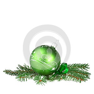 Christmas Green Ball with Fir Branch isolated on white