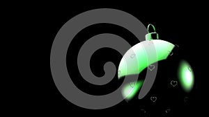 Christmas green ball with heart pattern on black background, colorful xmas balls for christmas tree, 3d render illustration,