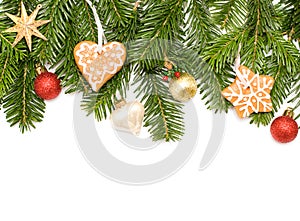 Christmas green fir tree, star, cookies and ball